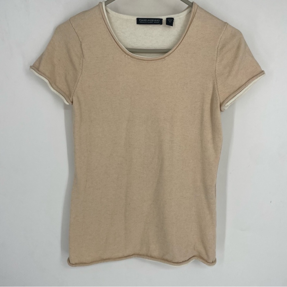 Pamela Dennis XS Cashmere Short Sleeve Shirt Cream Tan Capsule Wardrobe Neutral